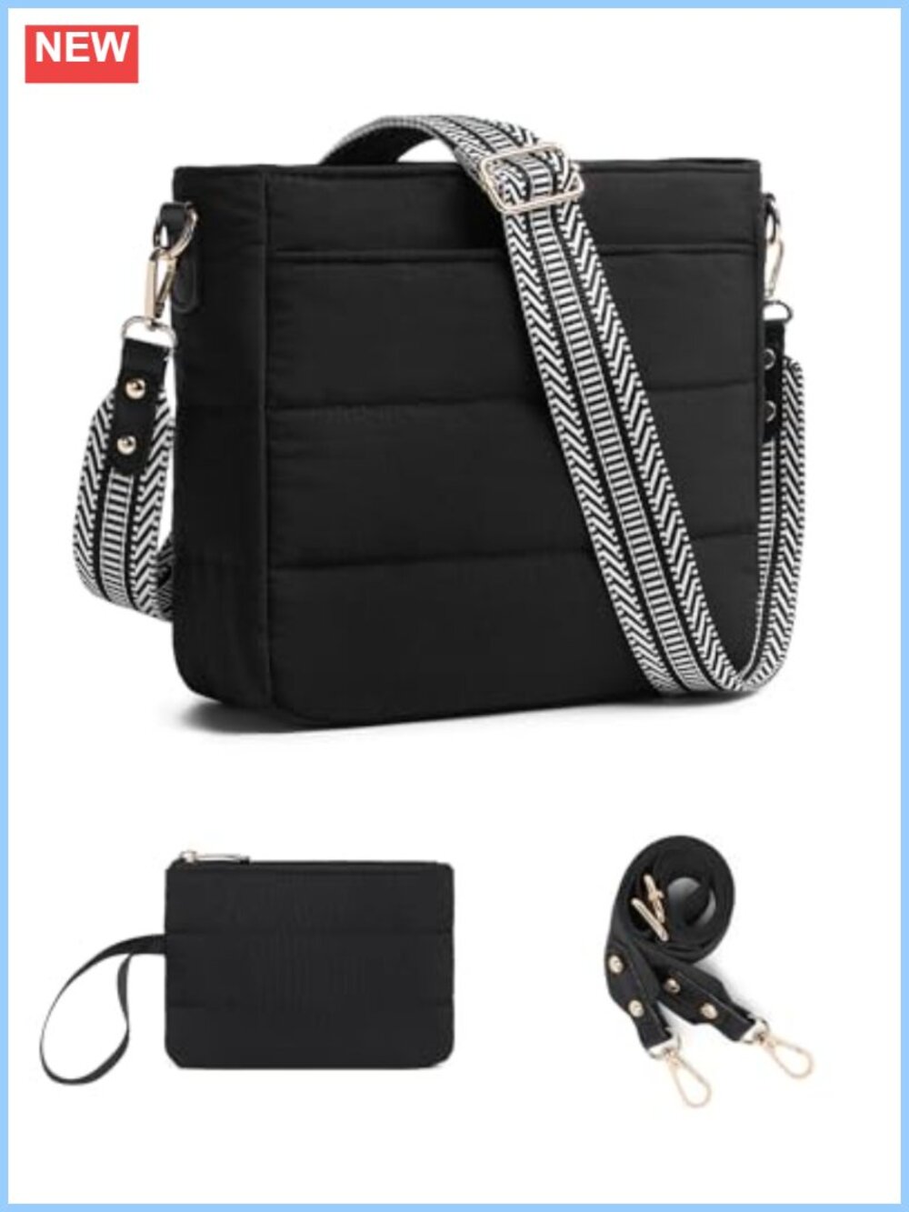 Quilted Puffer Crossbody Hobo Bag Set Nylon Detachable Strap